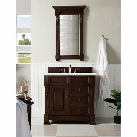James Martin Vanities Brookfield 36in Single Vanity, Burnished Mahogany w/ 3 CM Arctic Fall Solid Surface Top 147-114-5566-3AF